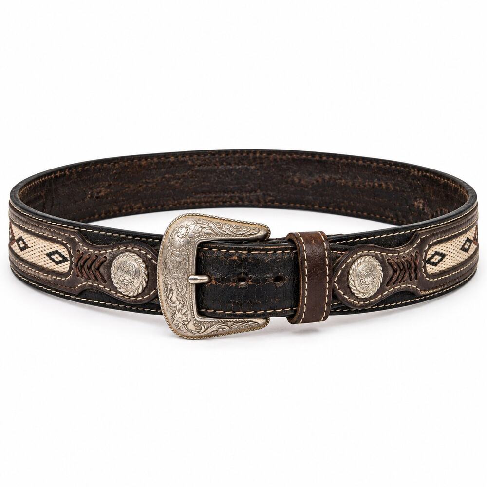 Nocona Size 34 Leather Western Belt Southwest Woven Inlay Silver Tone Conchos